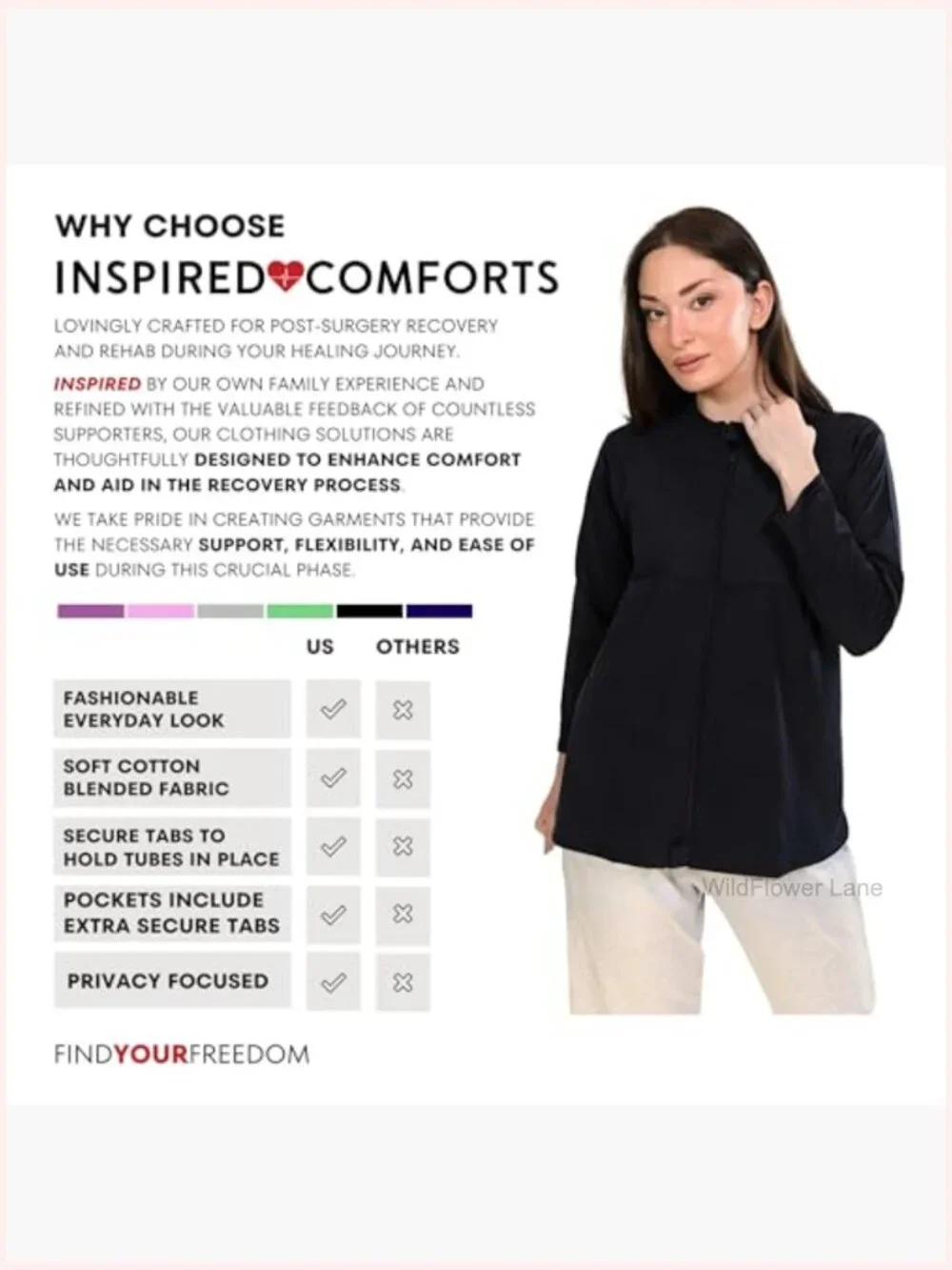 Mastectomy Recovery Full Sleeve Zip Up Top with Drain Pockets, Crew Neck, Long